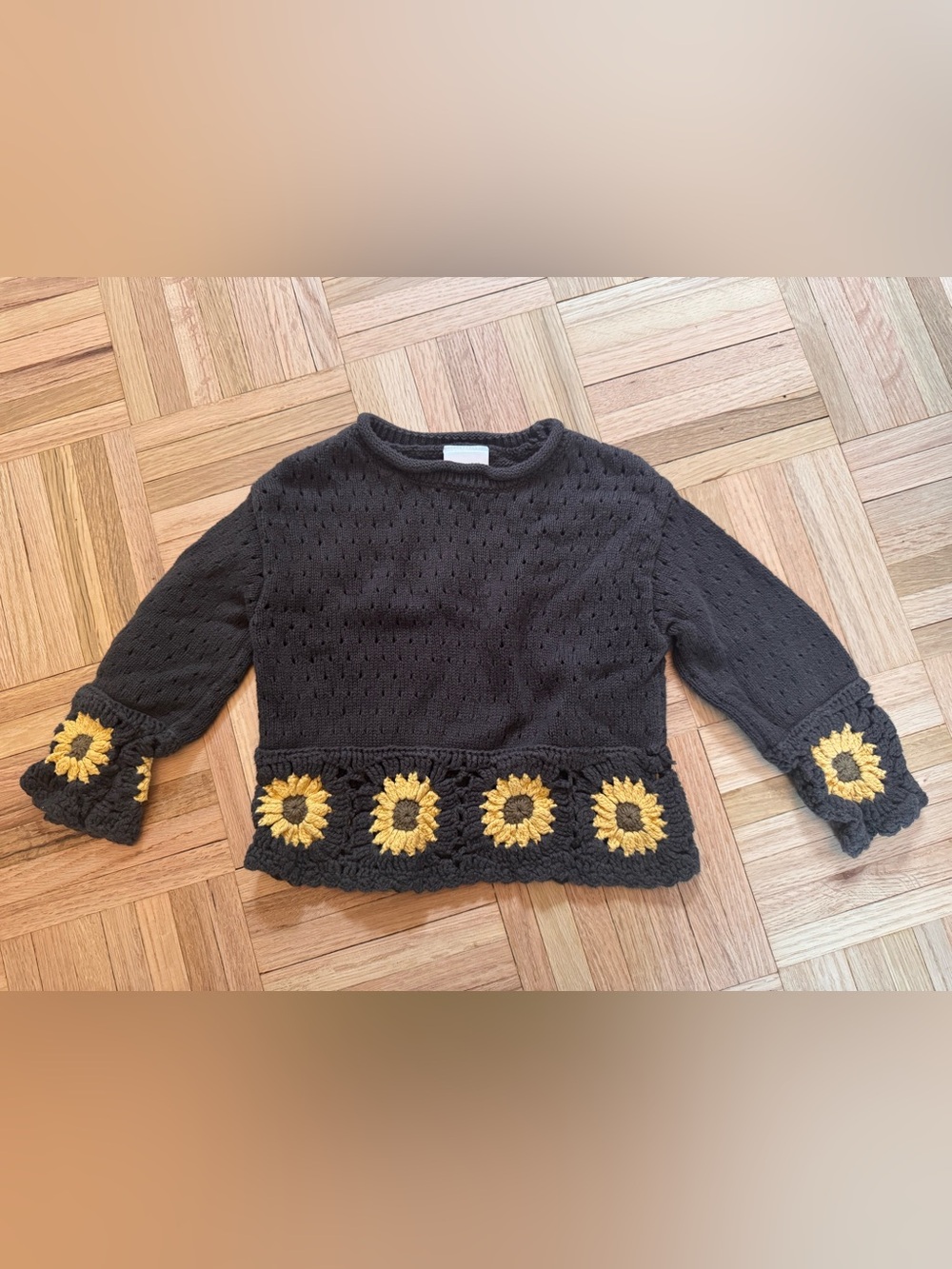 Brown Crochet-Trim Crewneck Sweater with Yellow Sunflower Accents
